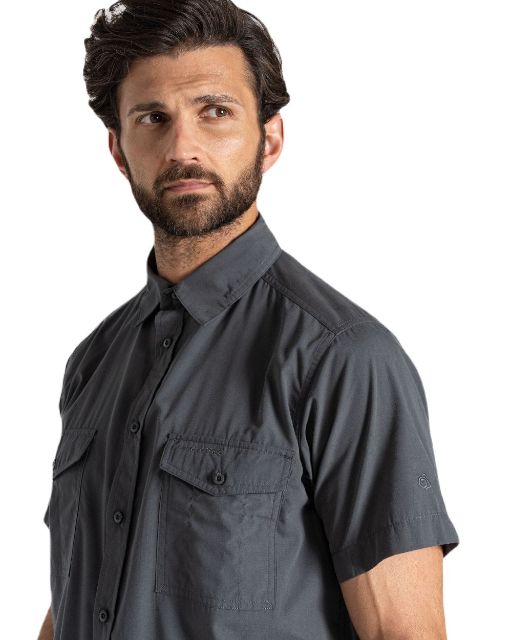 Dark Grey Coloured Craghoppers Mens Kiwi Short Sleeved Shirt On A White Background 