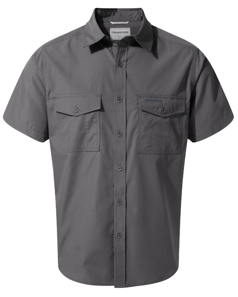 Dark Grey Coloured Craghoppers Mens Kiwi Short Sleeved Shirt On A White Background 