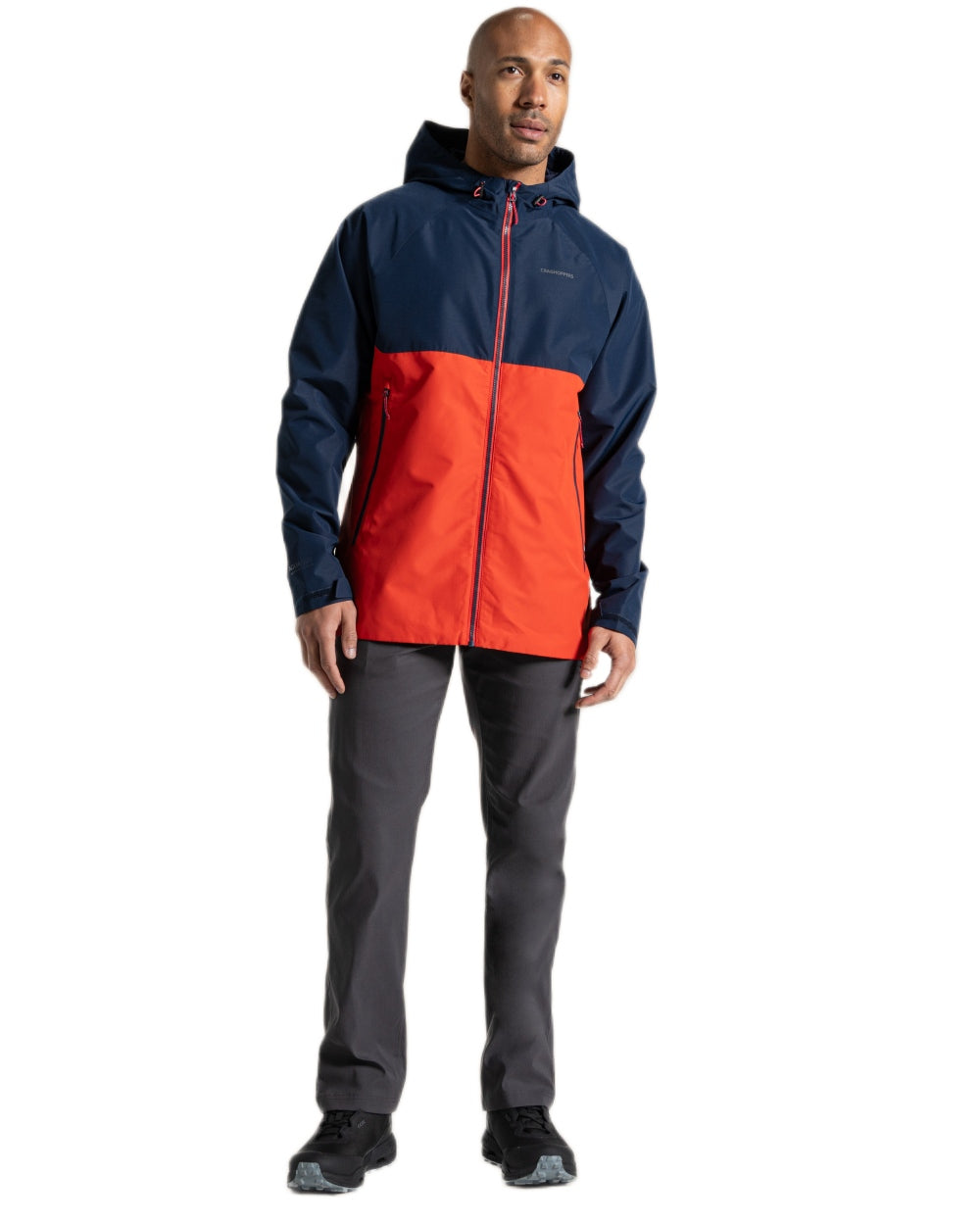 Blue Navy Pimento Red Coloured Craghoppers Mens Osuna Waterproof Jacket on White Background
