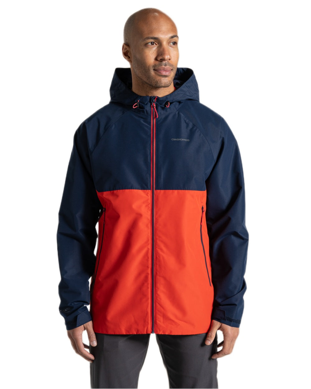 Blue Navy Pimento Red Coloured Craghoppers Mens Osuna Waterproof Jacket on White Background
