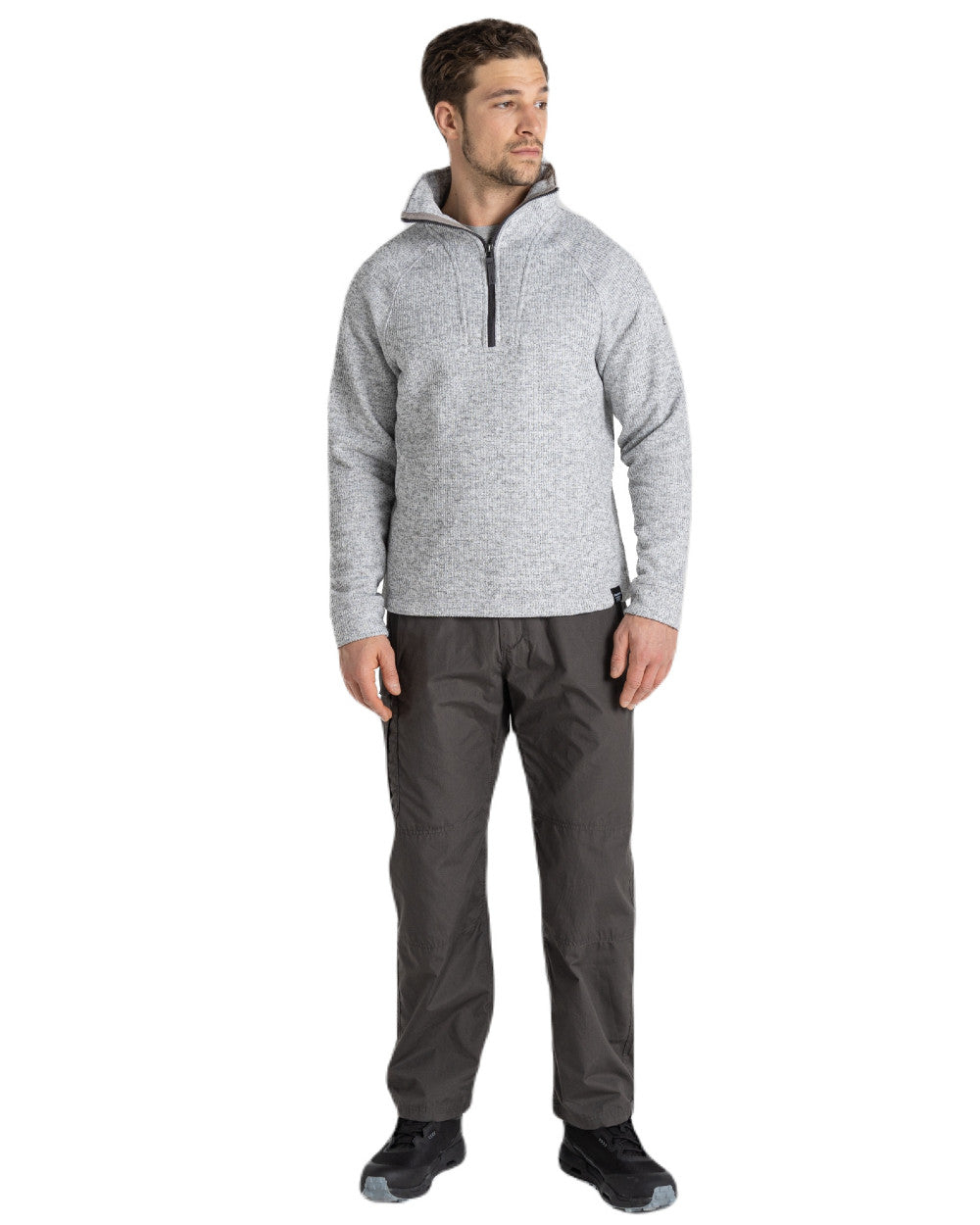 Soft Grey Marl Coloured Craghoppers Mens Wole Half Zip Fleece Jacket On A White Background 