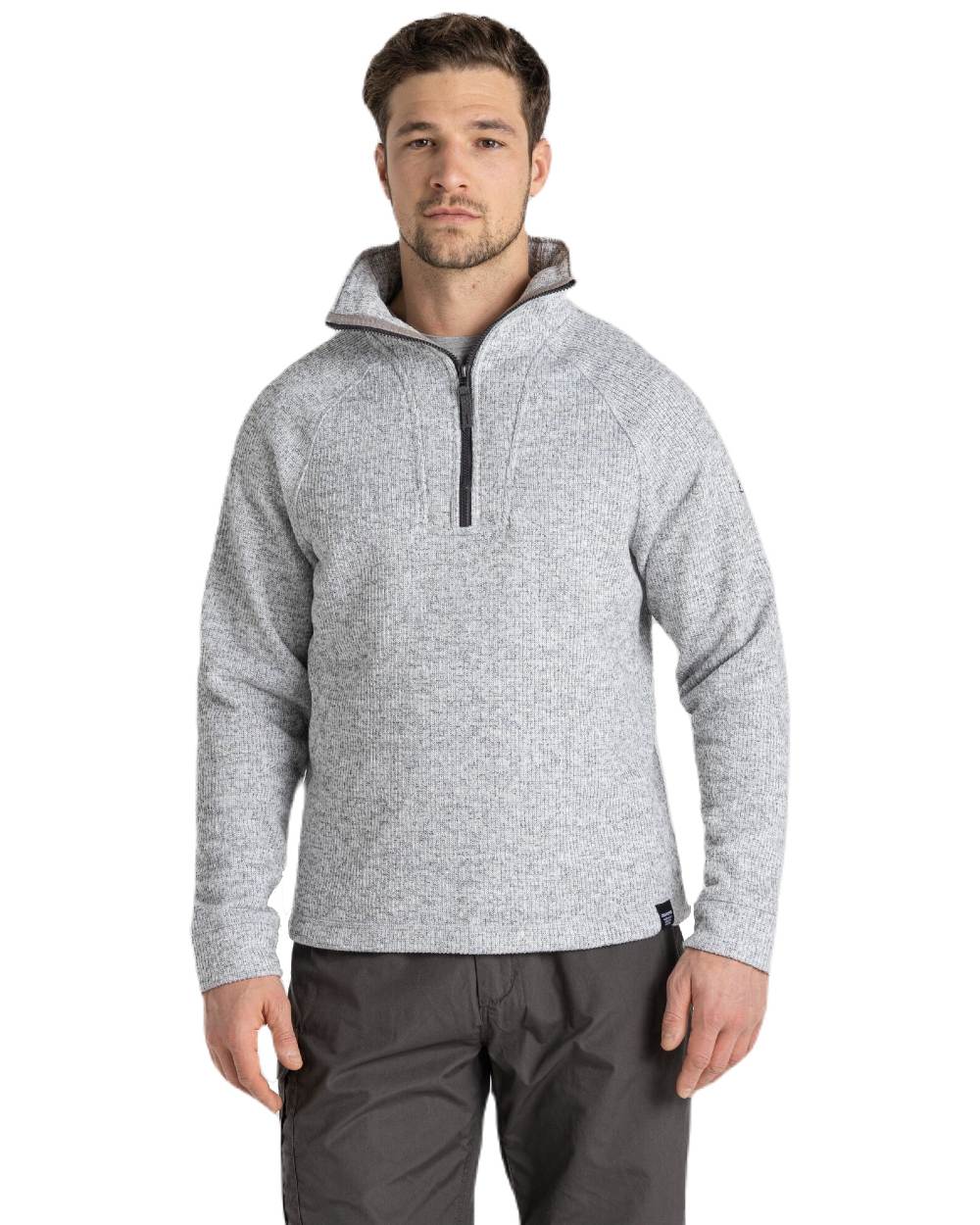 Soft Grey Marl Coloured Craghoppers Mens Wole Half Zip Fleece Jacket On A White Background 