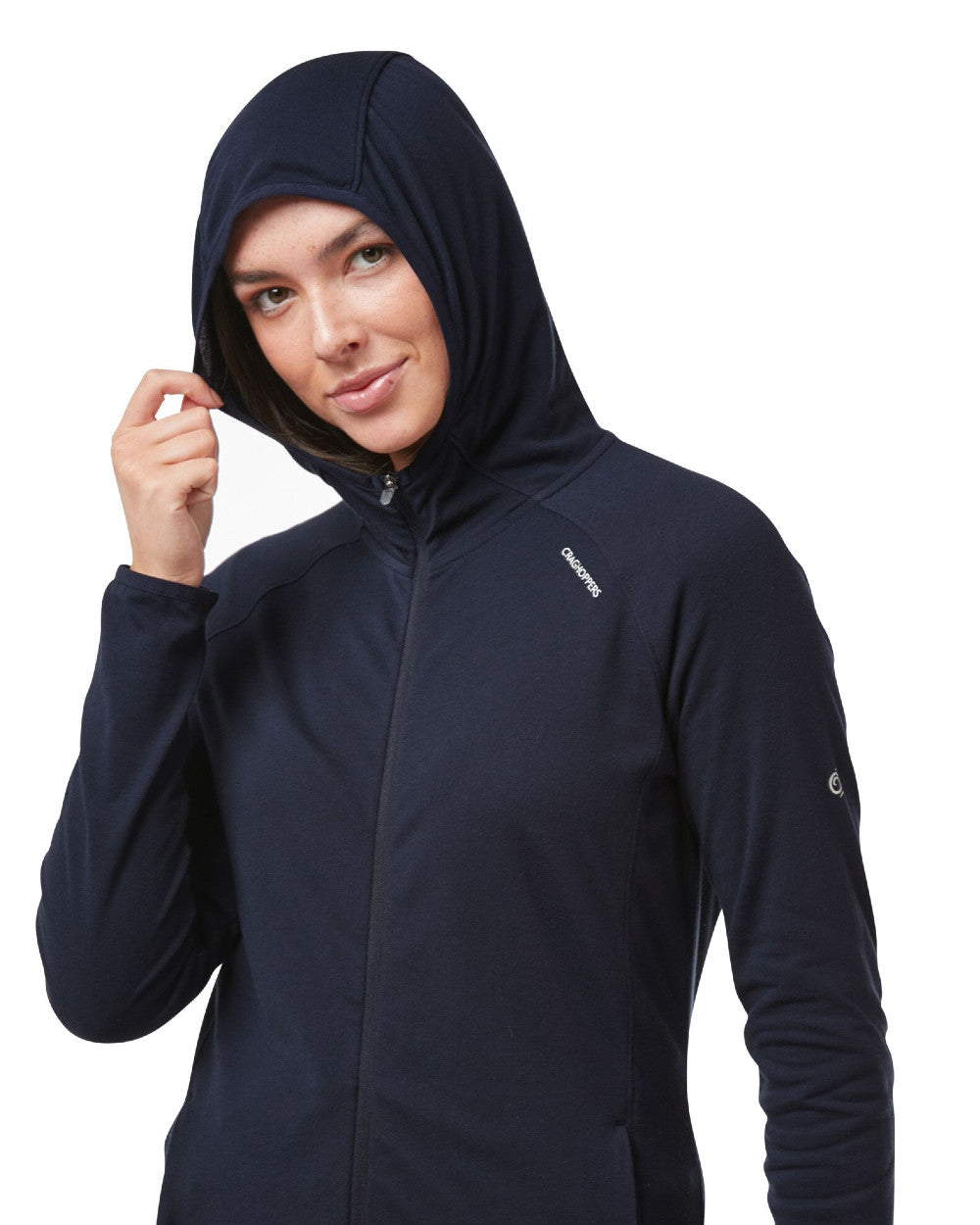 Blue Navy Coloured Craghoppers NosiLife Nilo Ladies Hooded Top On A White Background 