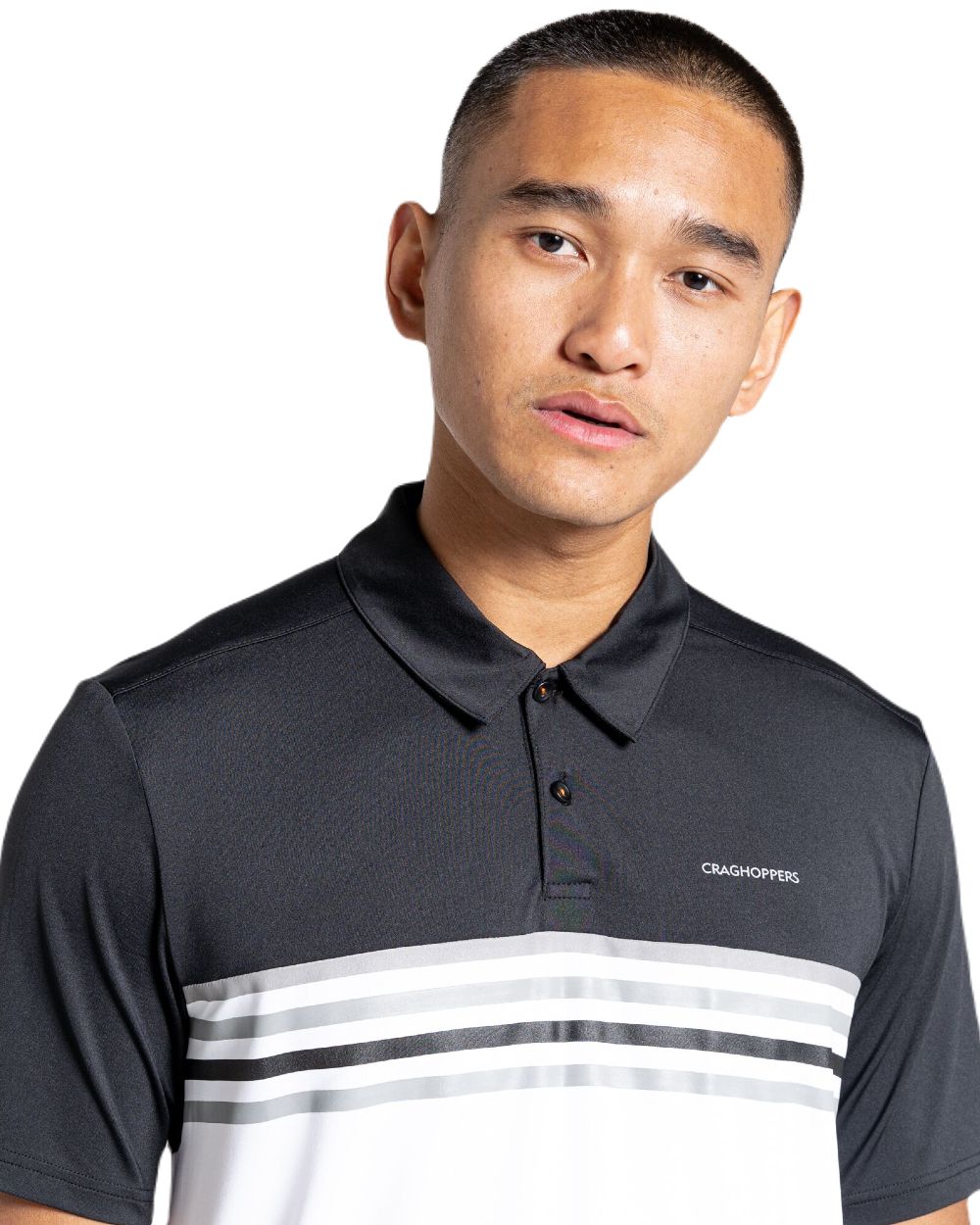 Black/Optic White Coloured Craghoppers NosiLife Pro Polo Shirt On A White Background 