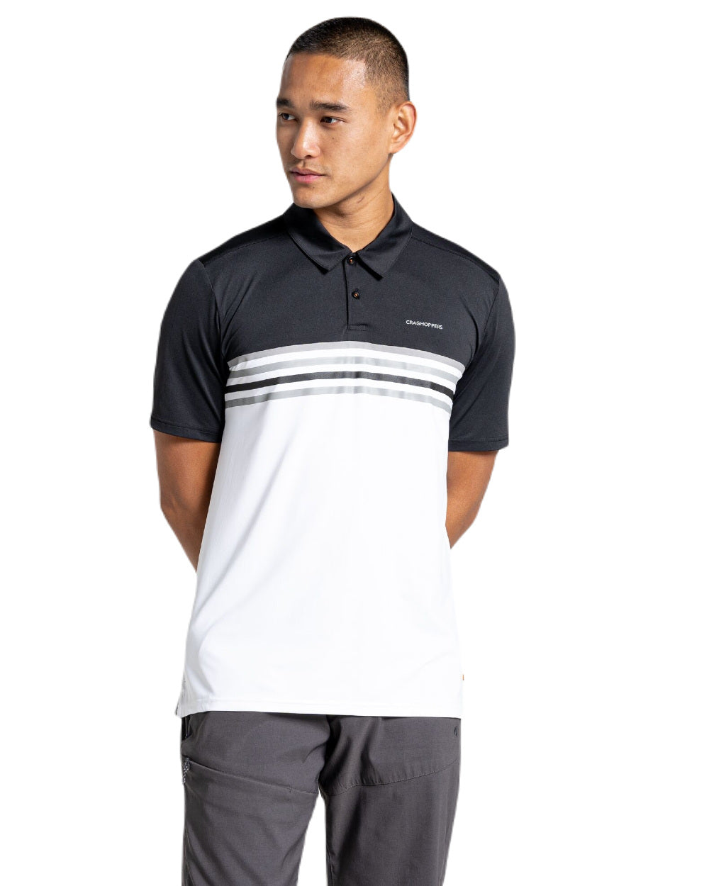 Black/Optic White Coloured Craghoppers NosiLife Pro Polo Shirt On A White Background 