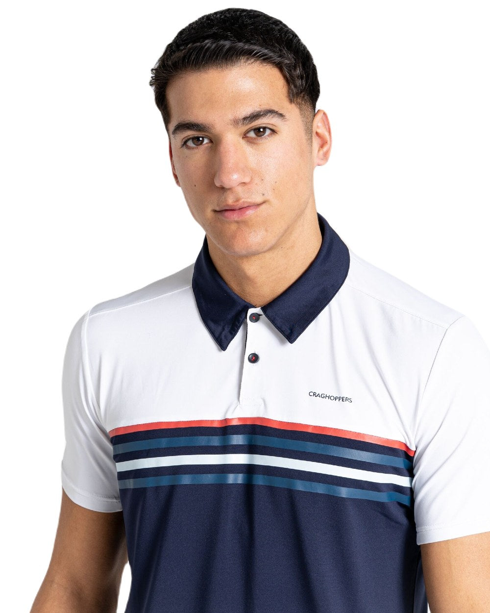 Optic White/Blue Navy Coloured Craghoppers NosiLife Pro Polo Shirt On A White Background 