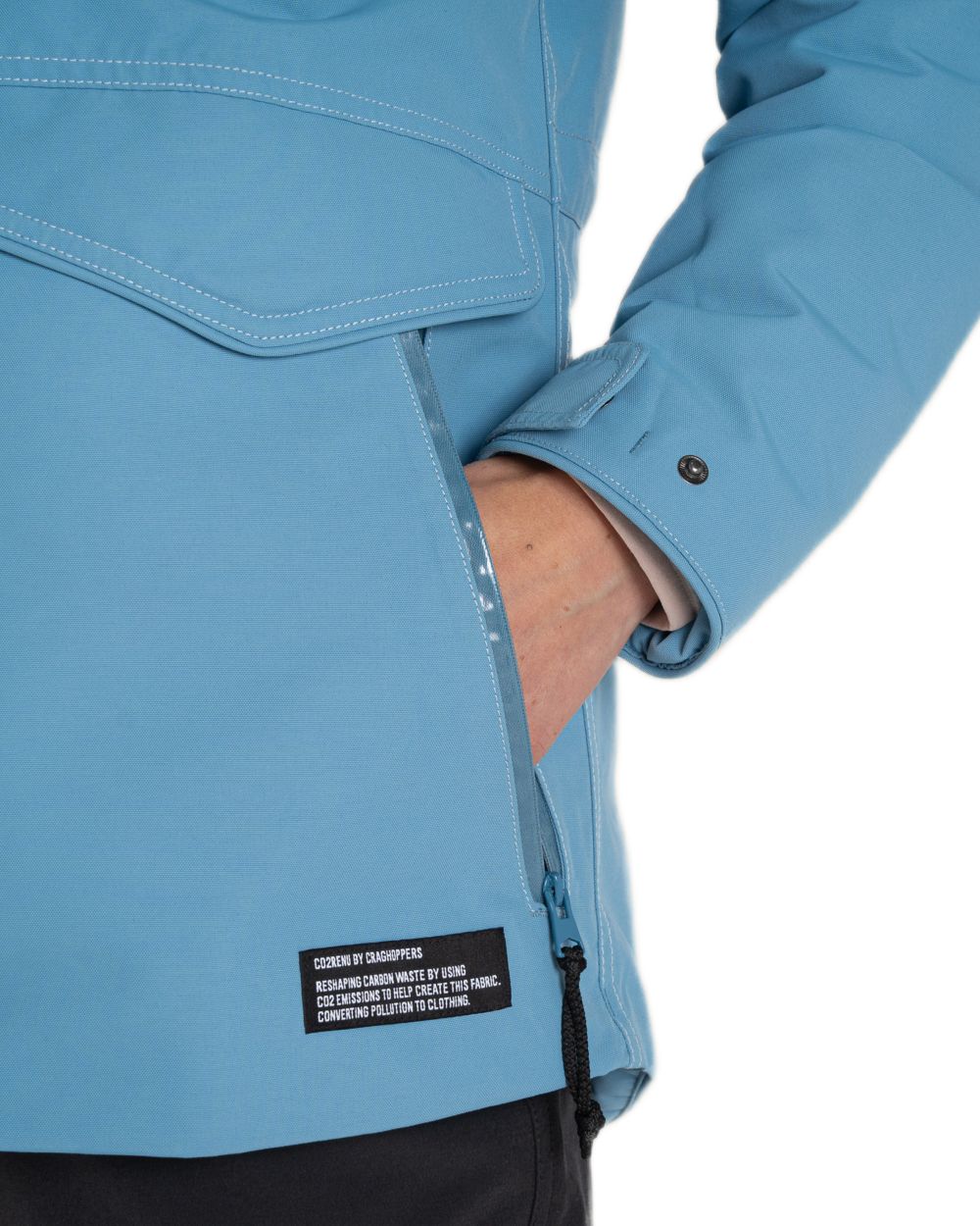 Light Denim Coloured Craghoppers Womens CO2 Renu Sally Waterproof Jacket on White Background
