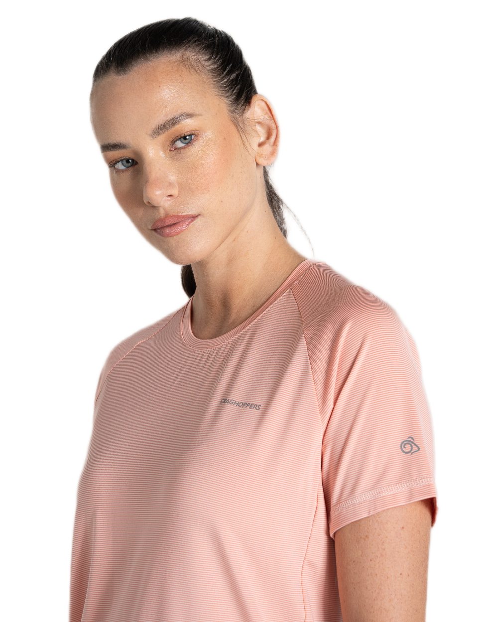 Pink Peach Coloured Craghoppers Womens Ellie Short Sleeved T-Shirt on White Background
