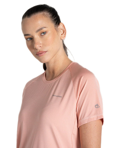 Pink Peach Coloured Craghoppers Womens Ellie Short Sleeved T-Shirt on White Background
