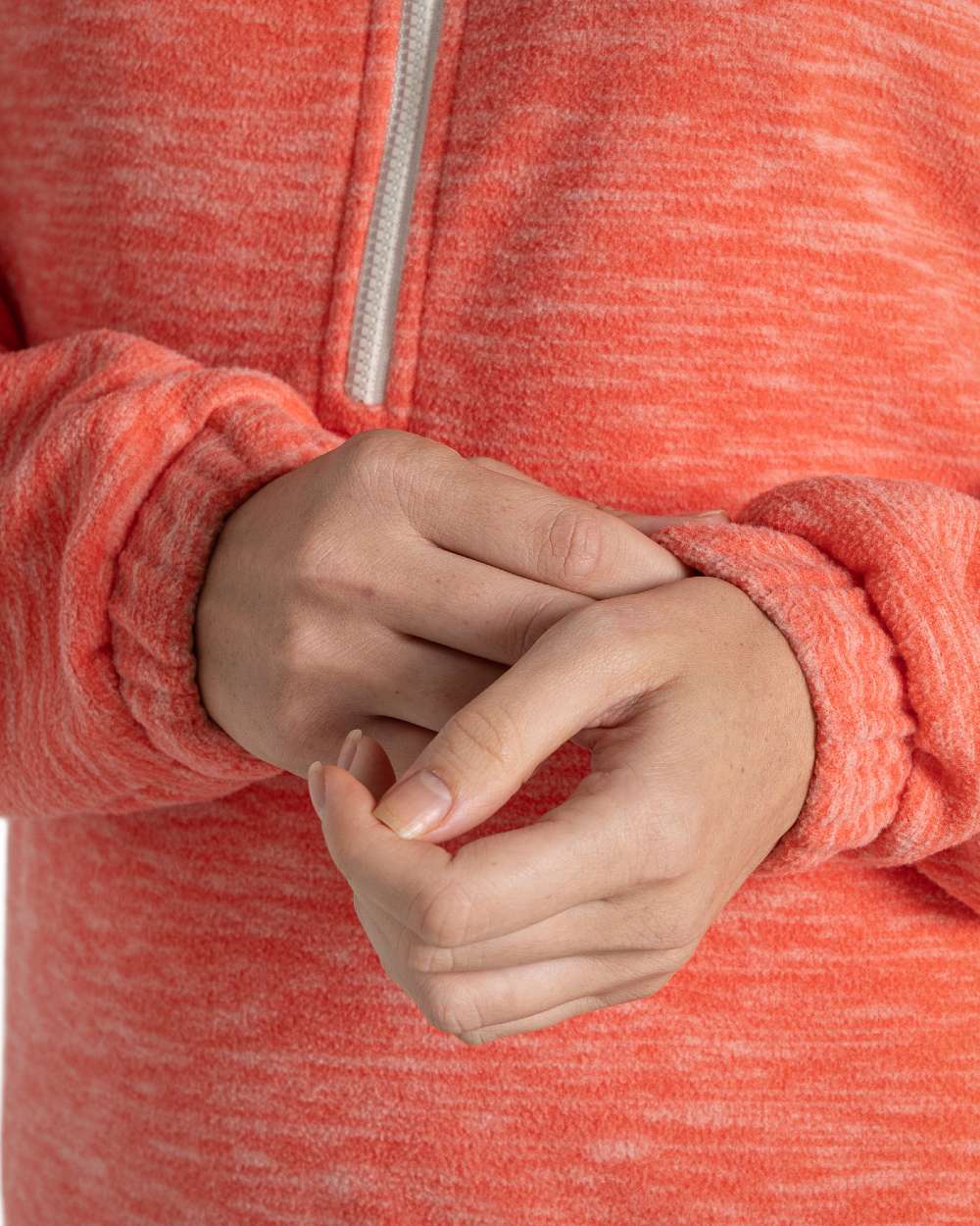 Deep Coral Coloured Craghoppers Womens Esk Hooded Half Zip Fleece on White Background
