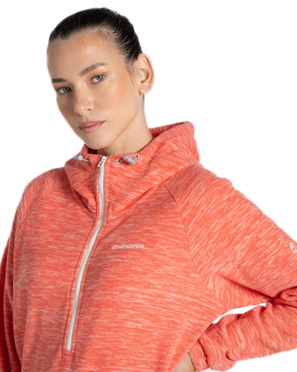Deep Coral Coloured Craghoppers Womens Esk Hooded Half Zip Fleece on White Background
