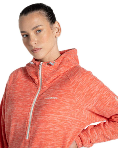 Deep Coral Coloured Craghoppers Womens Esk Hooded Half Zip Fleece on White Background
