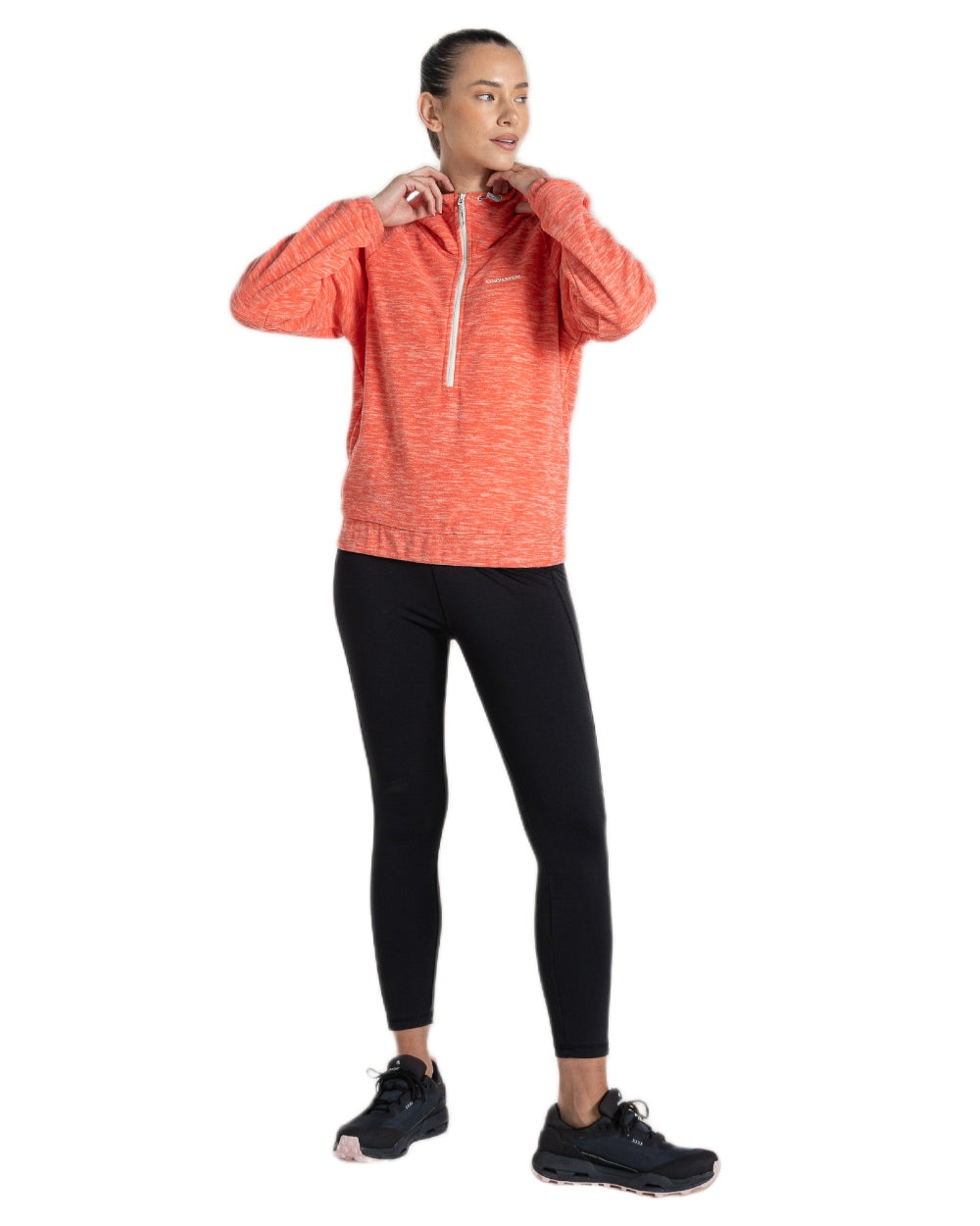 Deep Coral Coloured Craghoppers Womens Esk Hooded Half Zip Fleece on White Background
