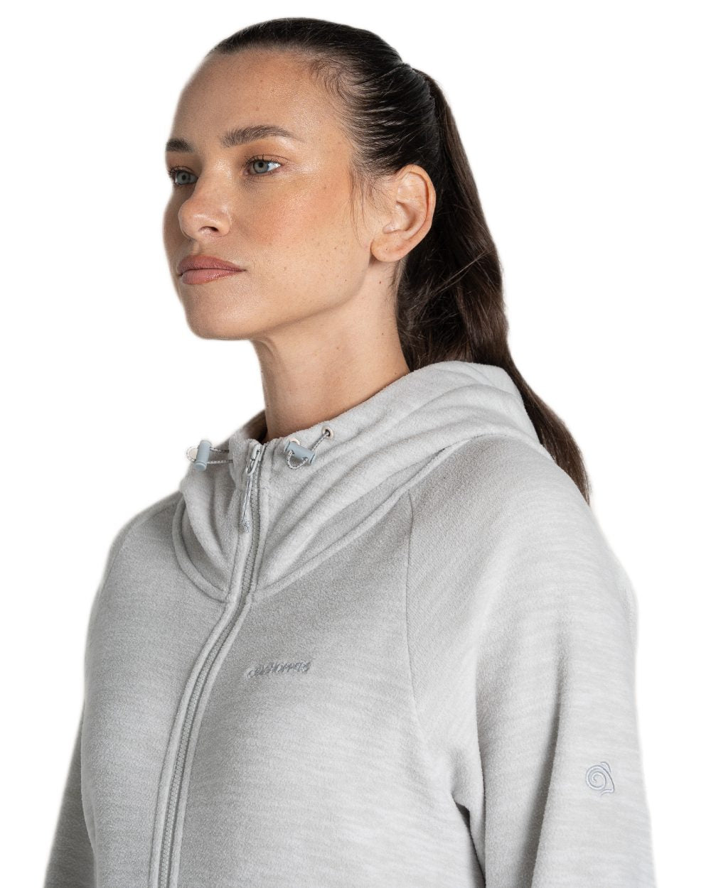 Lunar Grey Coloured Craghoppers Womens Esk Hooded Half Zip Fleece on White Background
