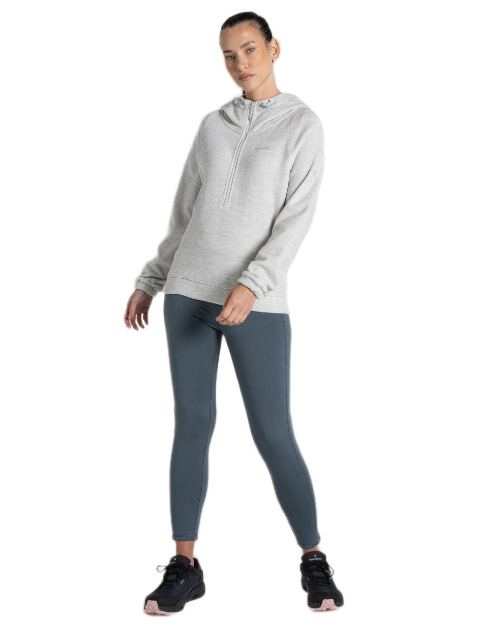 Lunar Grey Coloured Craghoppers Womens Esk Hooded Half Zip Fleece on White Background
