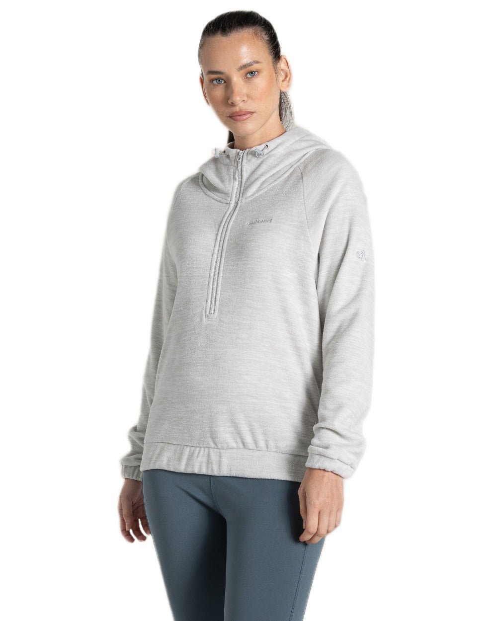 Lunar Grey Coloured Craghoppers Womens Esk Hooded Half Zip Fleece on White Background

