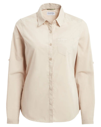 Desert Sand Coloured Craghoppers Womens Kiwi II Long Sleeved Shirt On A White Background 