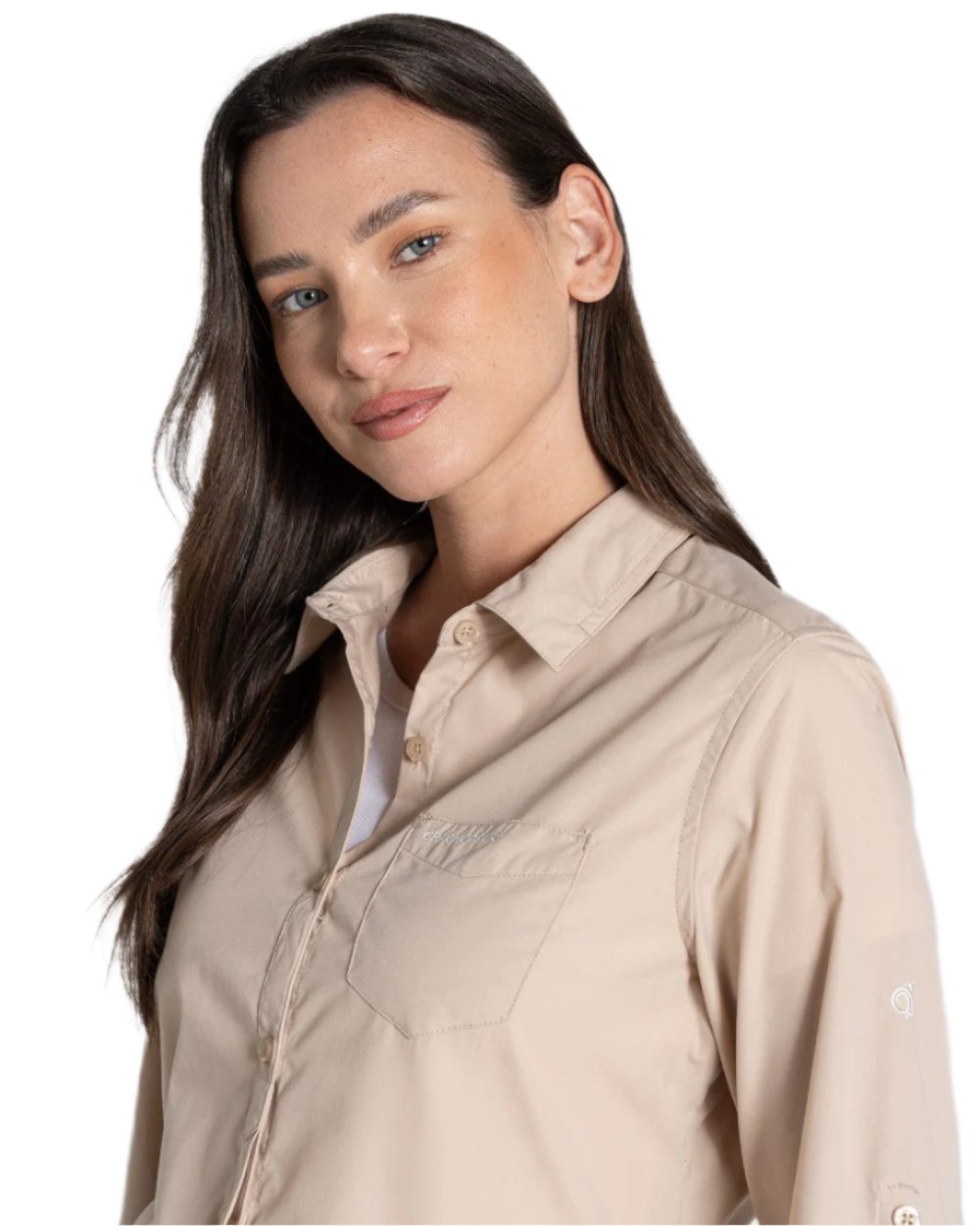 Desert Sand Coloured Craghoppers Womens Kiwi II Long Sleeved Shirt On A White Background 