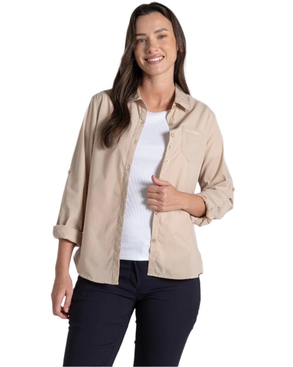 Desert Sand Coloured Craghoppers Womens Kiwi II Long Sleeved Shirt On A White Background 