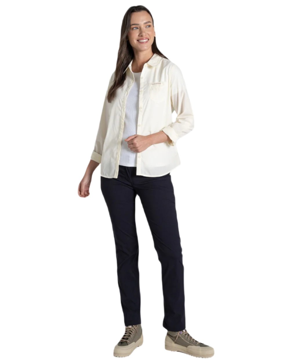 Sea Salt Coloured Craghoppers Womens Kiwi II Long Sleeved Shirt On A White Background 