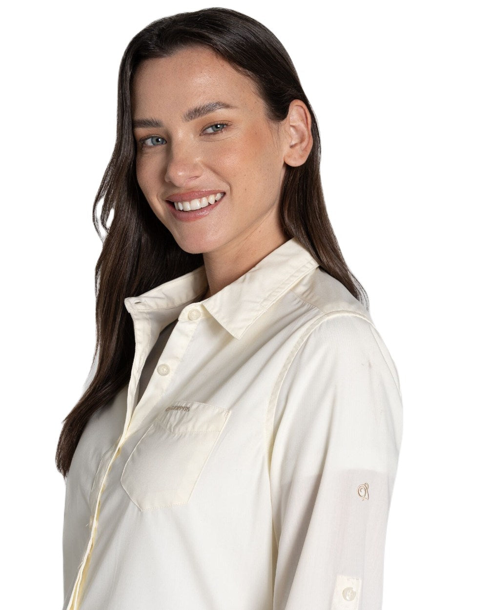 Sea Salt Coloured Craghoppers Womens Kiwi II Long Sleeved Shirt On A White Background 