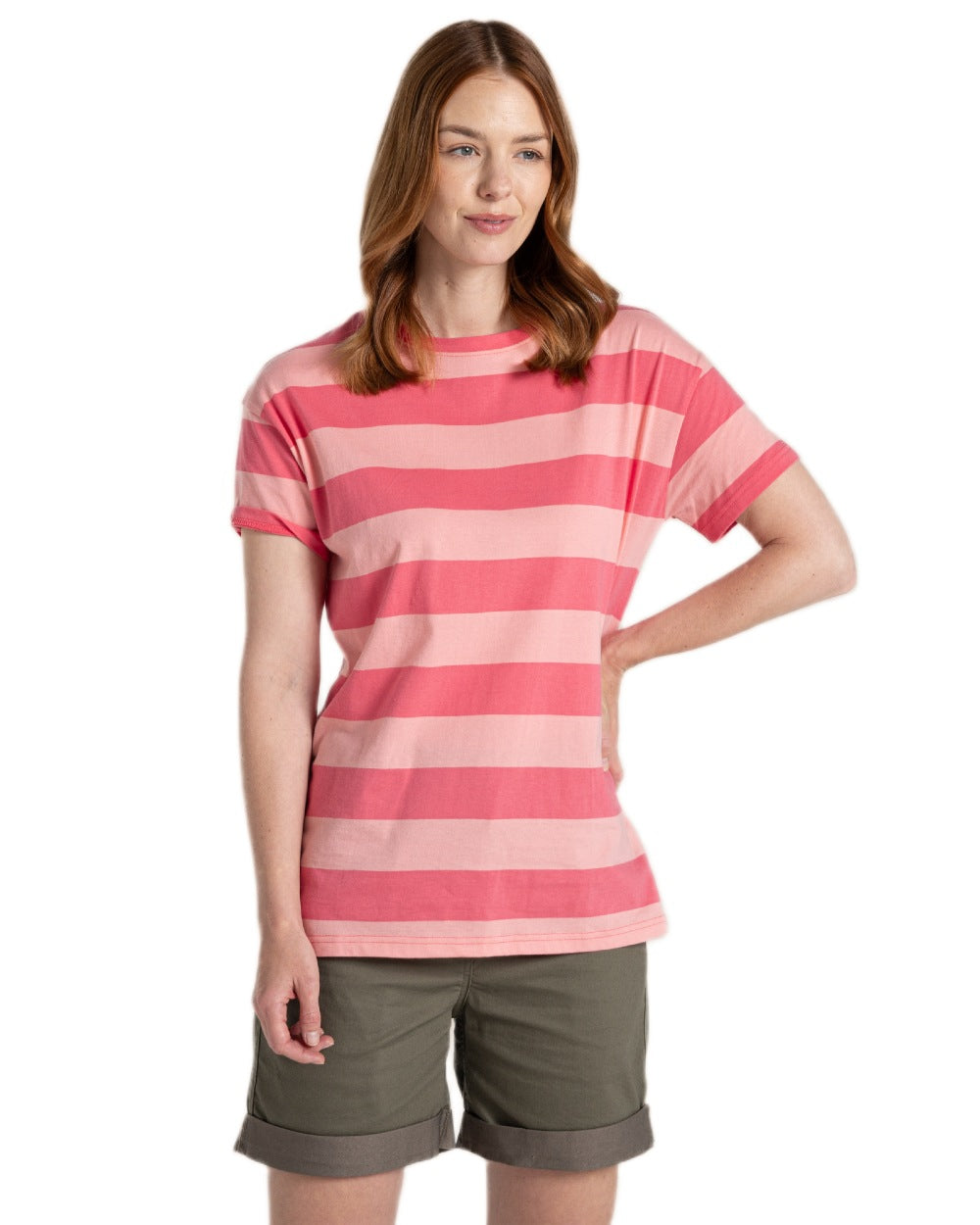 Coral Reef  Stripe Coloured Craghoppers Womens Yago Short Sleeved Top on White Background

