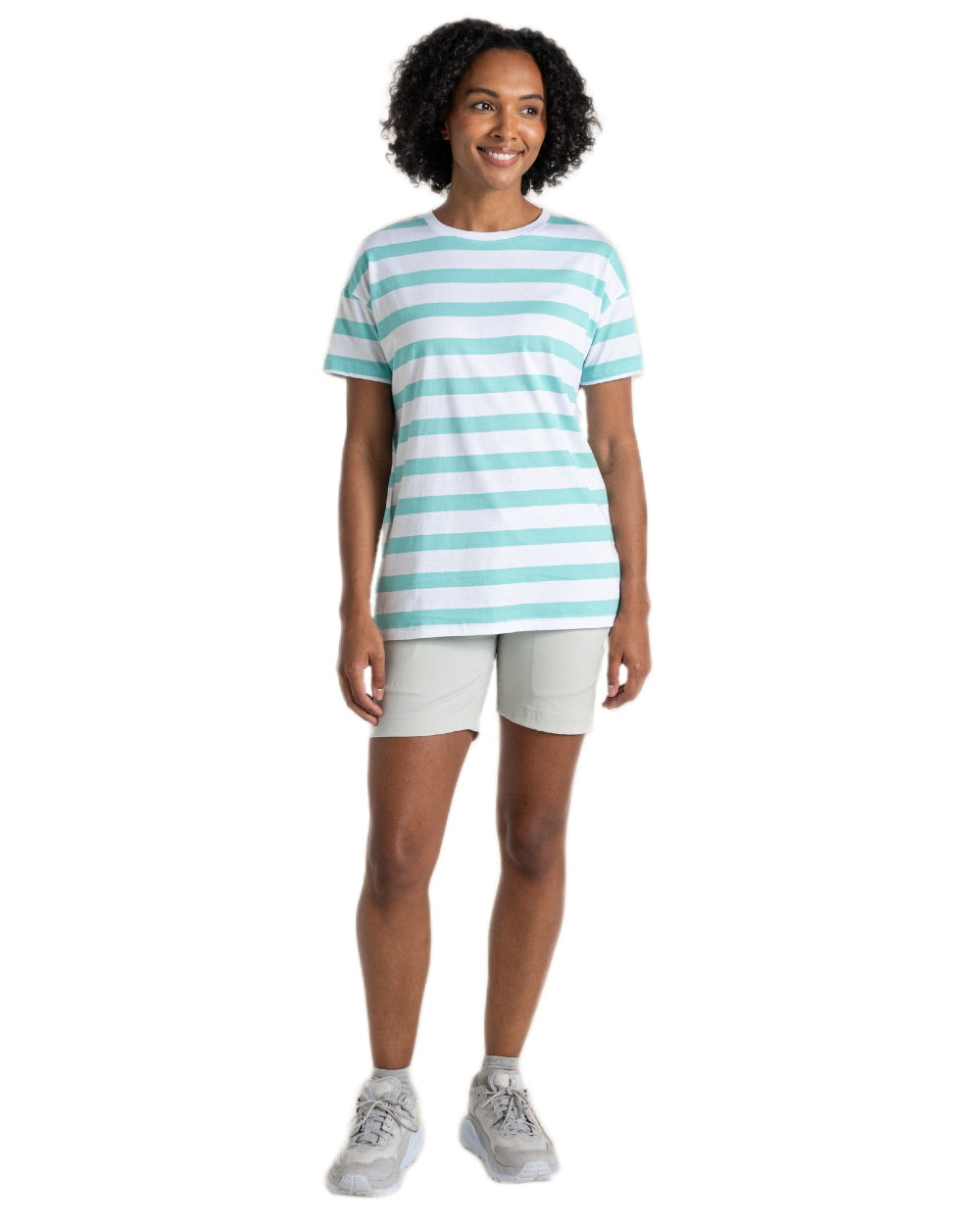 Aqua Sky Stripe Coloured Craghoppers Womens Yago Short Sleeved Top on White Background
