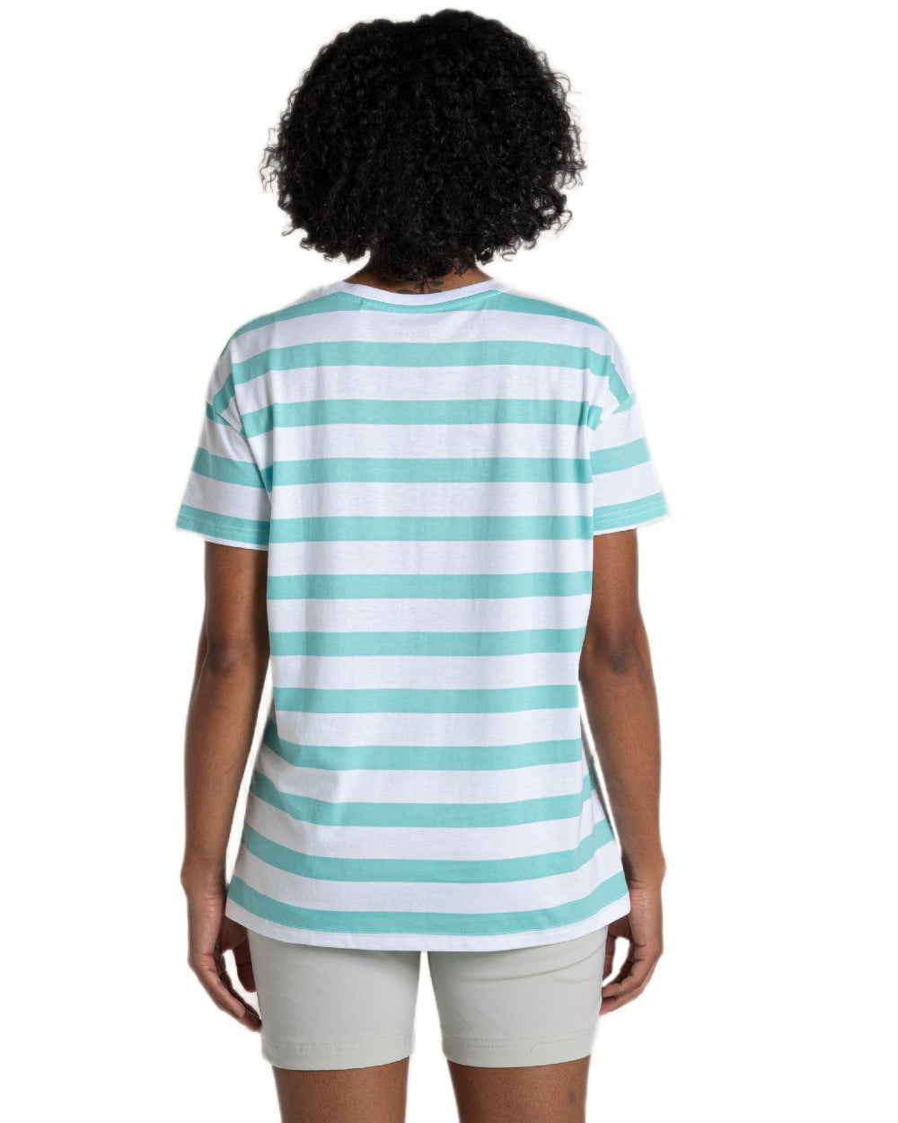Aqua Sky Stripe Coloured Craghoppers Womens Yago Short Sleeved Top on White Background
