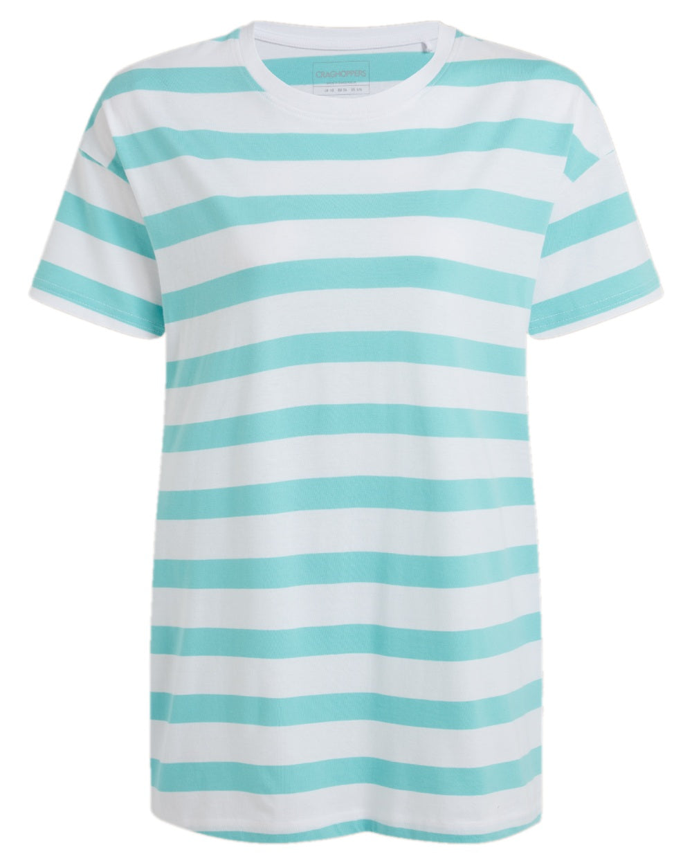 Aqua Sky Stripe Coloured Craghoppers Womens Yago Short Sleeved Top on White Background
