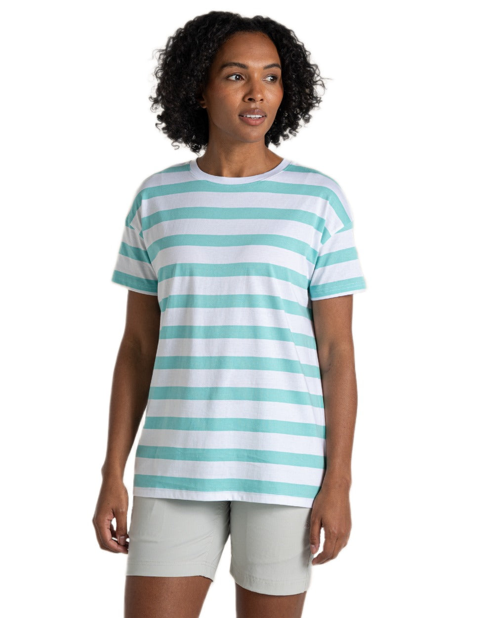 Aqua Sky Stripe Coloured Craghoppers Womens Yago Short Sleeved Top on White Background
