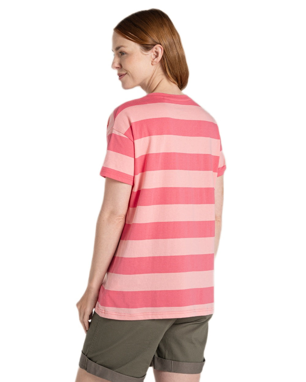Coral Reef  Stripe Coloured Craghoppers Womens Yago Short Sleeved Top on White Background
