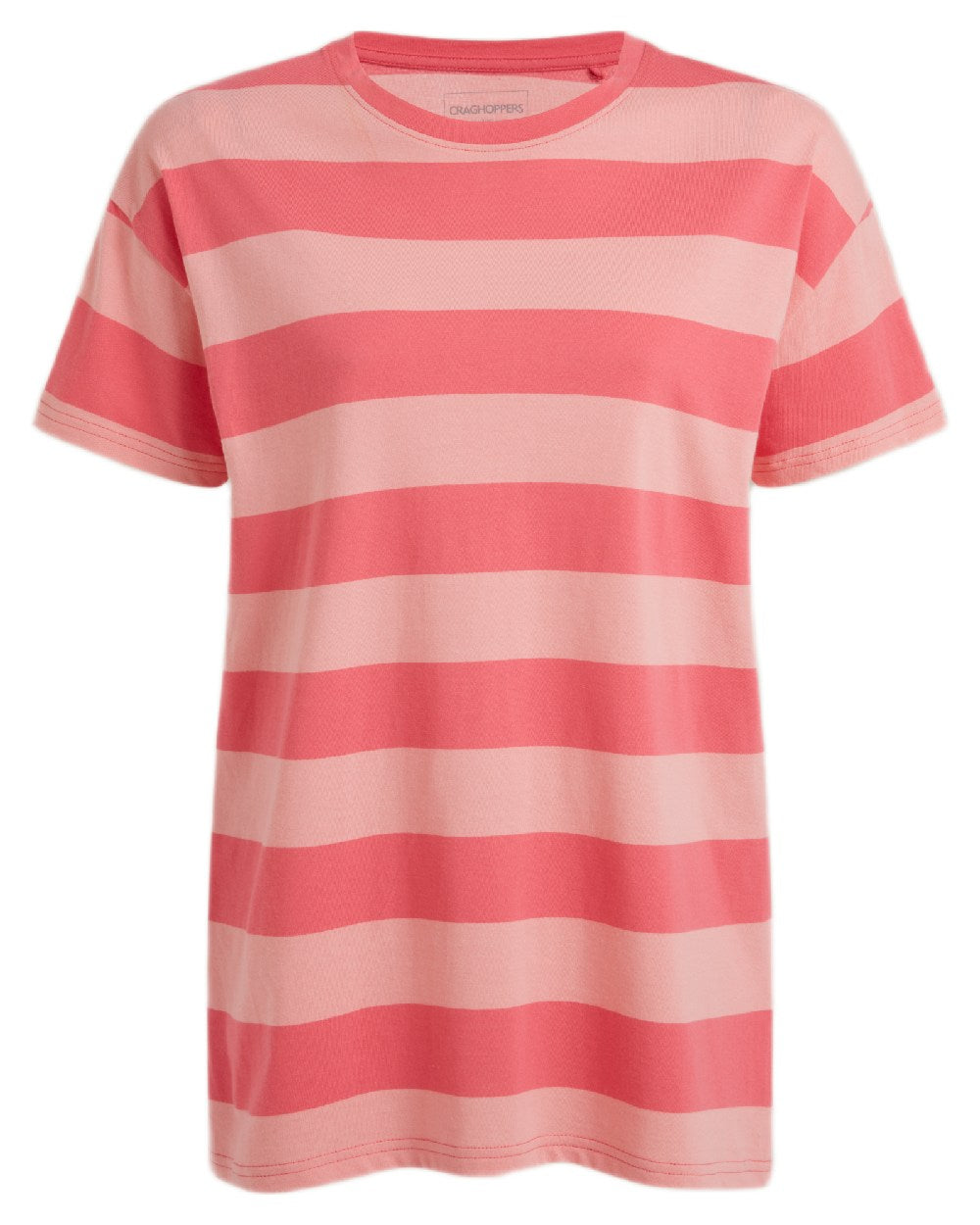 Coral Reef  Stripe Coloured Craghoppers Womens Yago Short Sleeved Top on White Background
