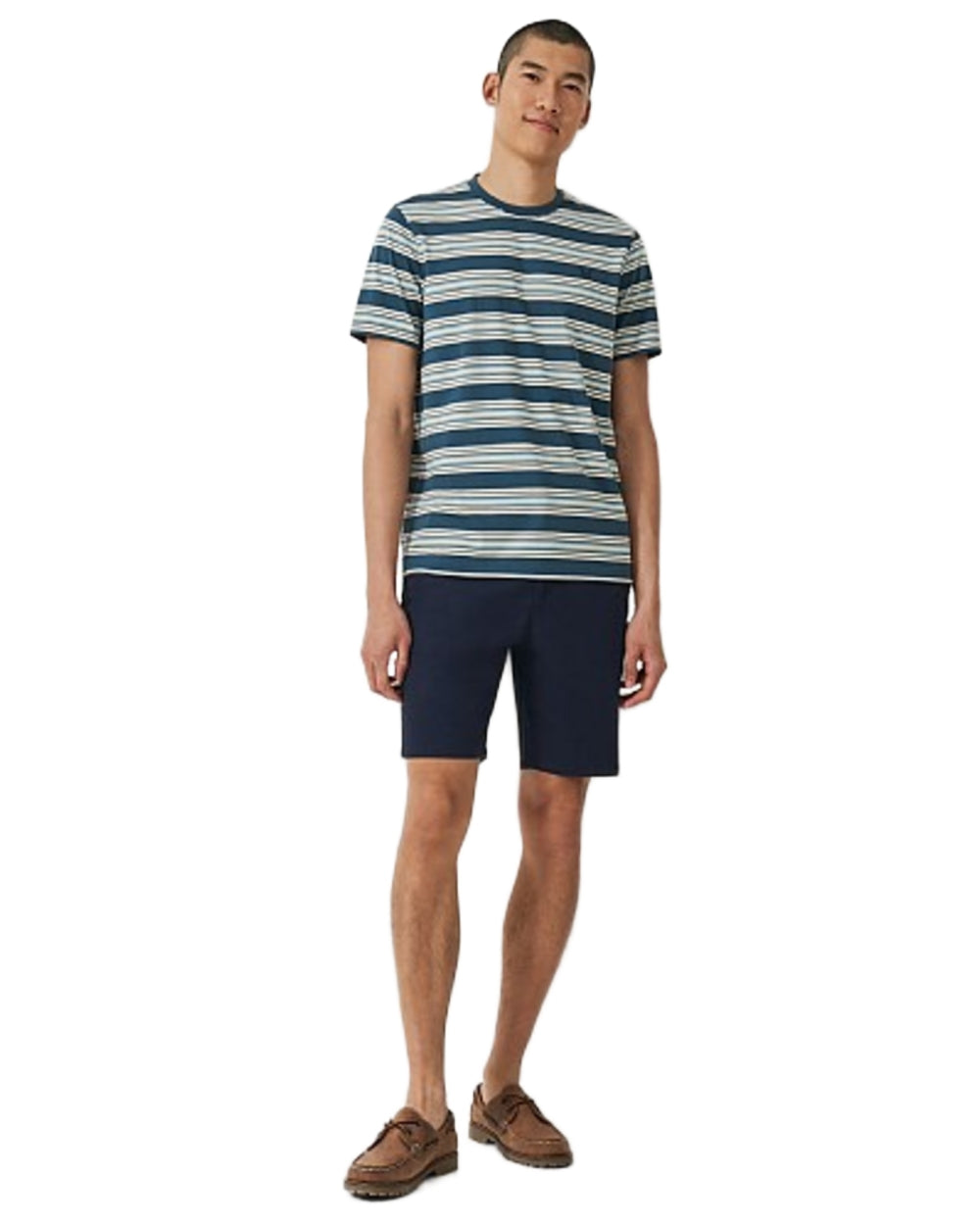 Heritage Dark Navy Coloured Crew Clothing Mens Bermuda Chino Stretch Shortson White Background
