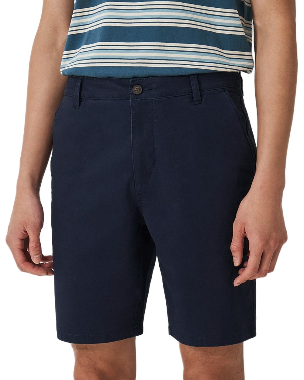 Heritage Dark Navy Coloured Crew Clothing Mens Bermuda Chino Stretch Shortson White Background
