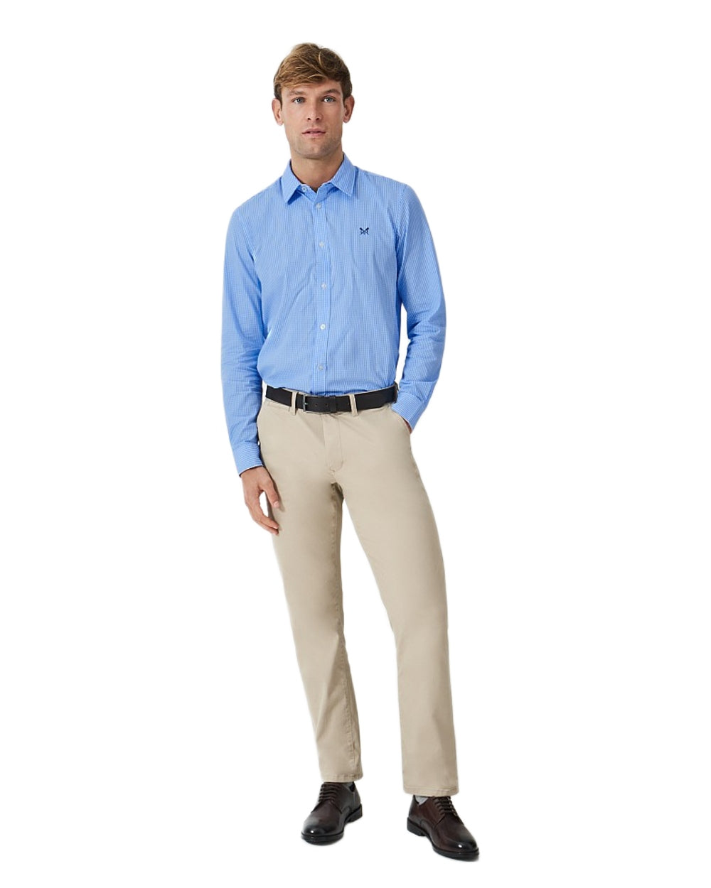 Heritage Sky Coloured Crew Clothing Mens Classic Fit Micro Gingnam Shirt on White Background
