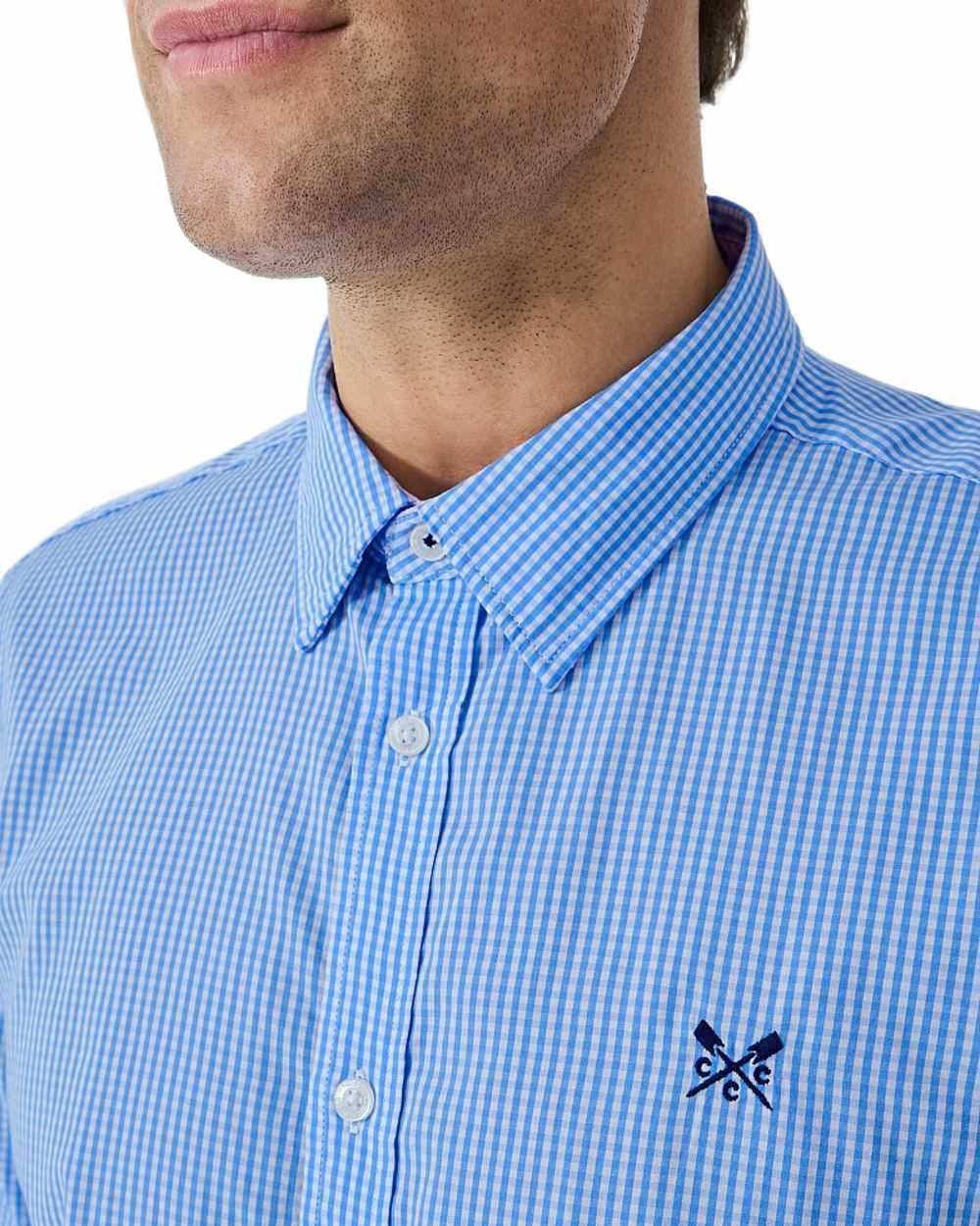 Heritage Sky Coloured Crew Clothing Mens Classic Fit Micro Gingnam Shirt on White Background
