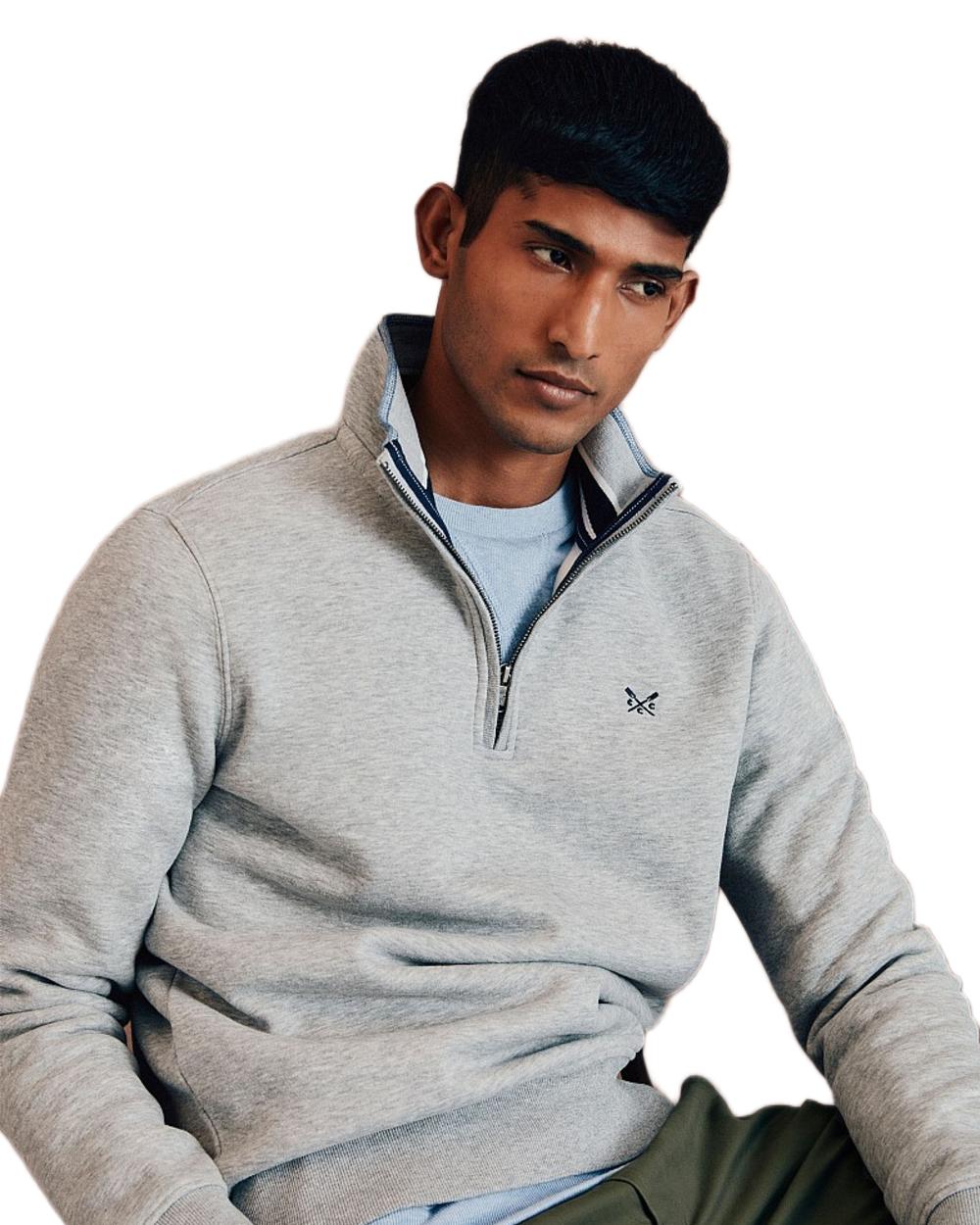 Grey Marl Coloured Crew Clothing Mens Classic Half Zip Sweatshirt on White Background
