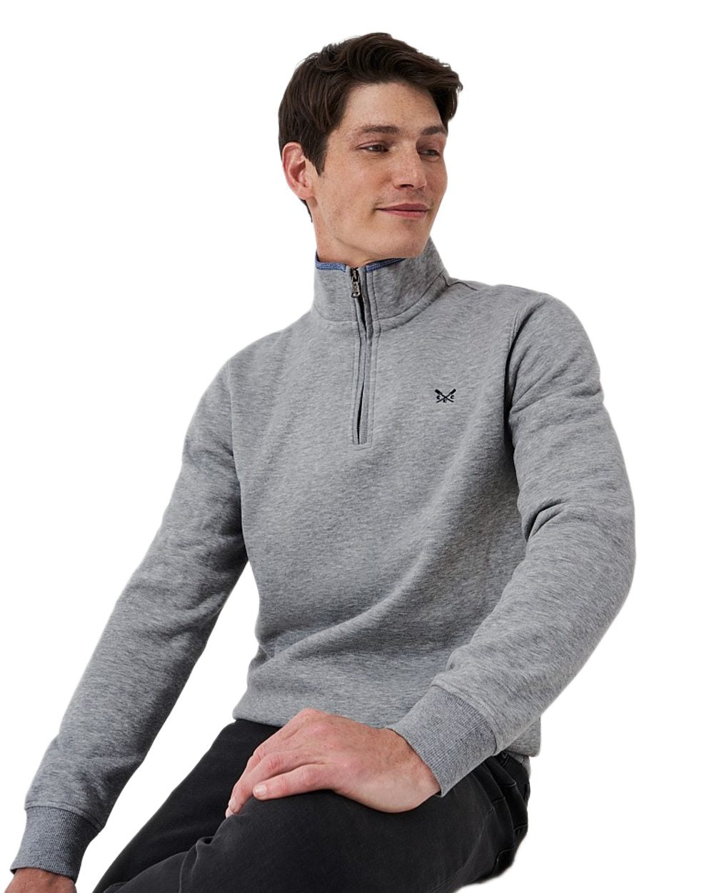 Grey Marl Coloured Crew Clothing Mens Classic Half Zip Sweatshirt on White Background
