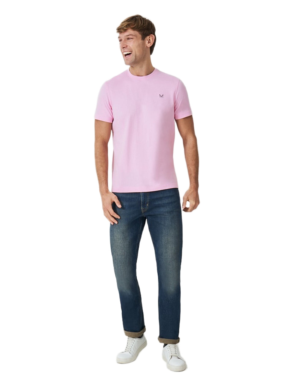 Classic Pink Coloured Crew Clothing Mens Classic T-Shirt on White Background

