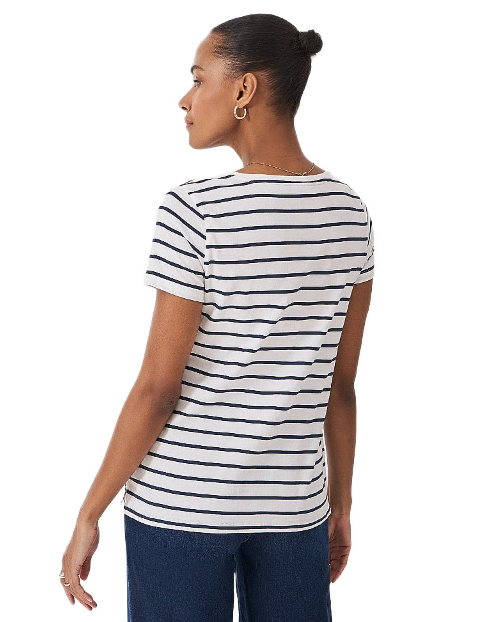 White Navy  Coloured Crew Clothing Womens Breton T-Shirt on White Background
