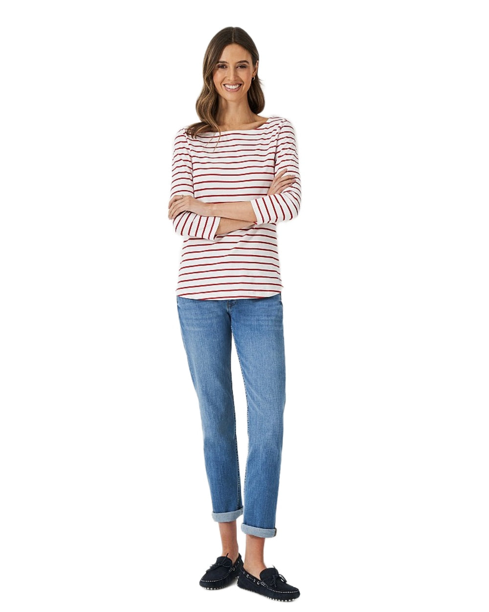 White Red Coloured Crew Clothing Womens Essential Breton Top on White Background
