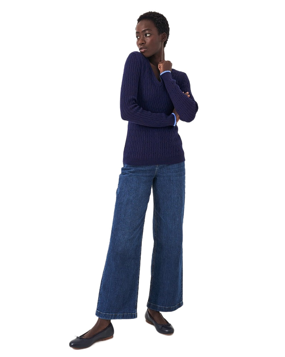 Heritage Navy Coloured Crew Clothing Womens V Neck Heritage Cable Knit Jumper on White Background
