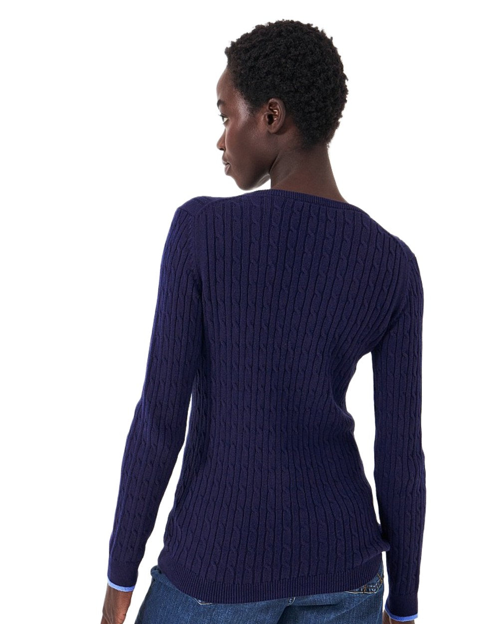 Heritage Navy Coloured Crew Clothing Womens V Neck Heritage Cable Knit Jumper on White Background
