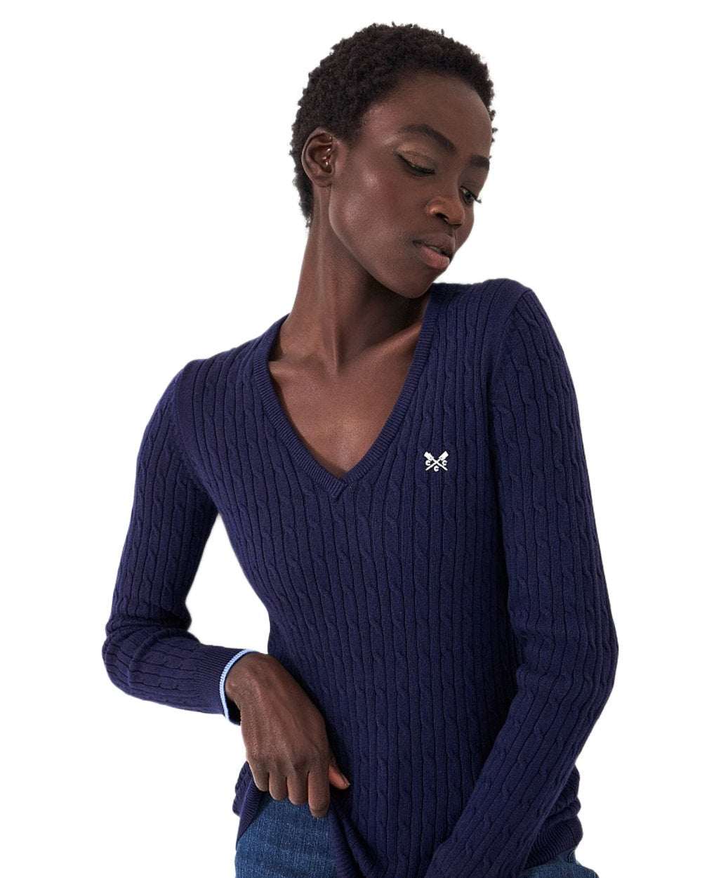 Heritage Navy Coloured Crew Clothing Womens V Neck Heritage Cable Knit Jumper on White Background
