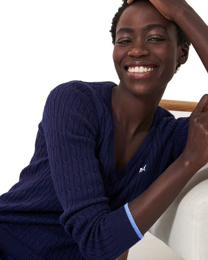 Heritage Navy Coloured Crew Clothing Womens V Neck Heritage Cable Knit Jumper on White Background
