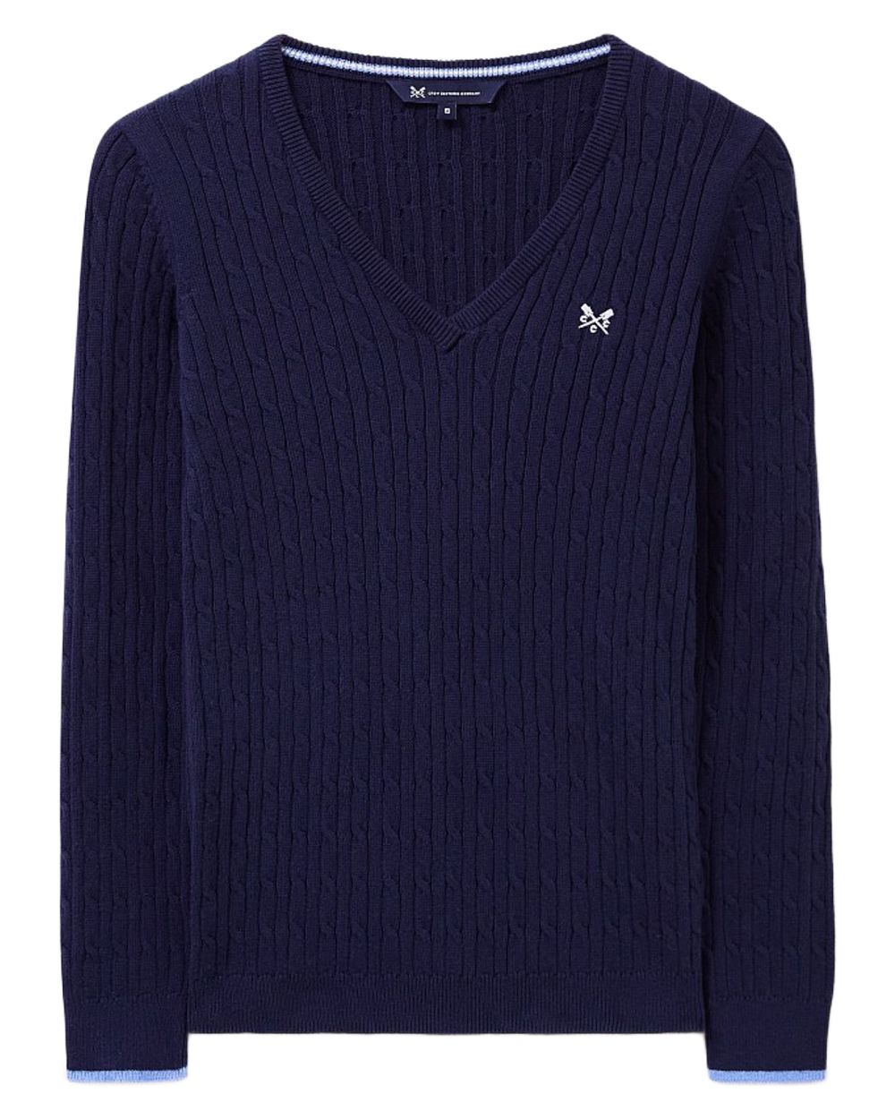 Heritage Navy Coloured Crew Clothing Womens V Neck Heritage Cable Knit Jumper on White Background
