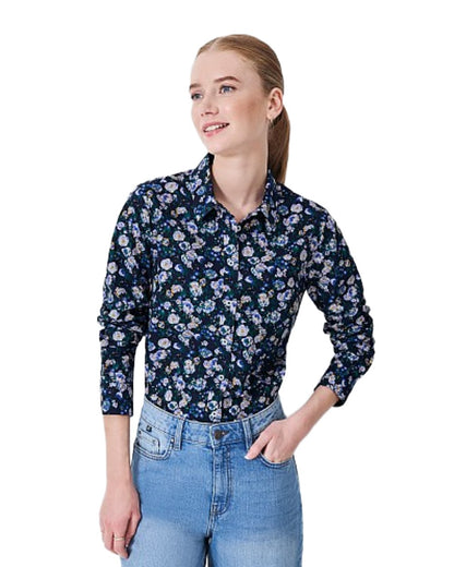 Navy Barge Coloured Crew Clothing Womens Lulworth Shirt on White Background
