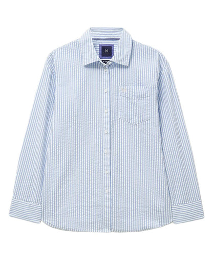 Blue Coloured Crew Clothing Womens Seersucker Relaxed Fit Shirt on White Background
