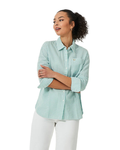 Teal Coloured Crew Clothing Womens Seersucker Relaxed Fit Shirt on White Background
