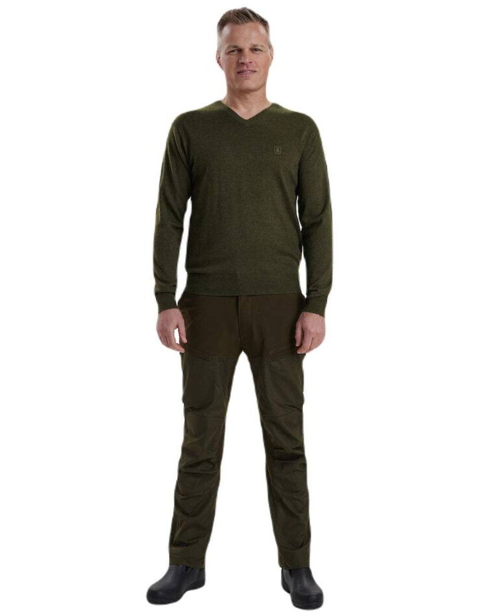 Green Melange Coloured Deerhunter Kingston Knit V-Neck Jumper On A White Background 